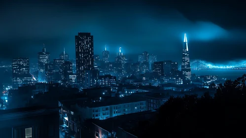 Blue-Glow City Skyline in Night Fog