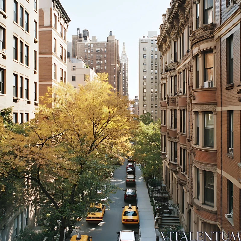 City Street with Yellow Cabs and Fall Foliage AI Image