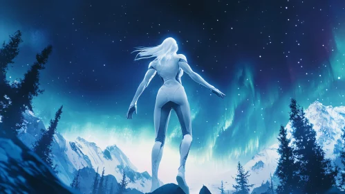 Modern Alien in Aurora Borealis Landscape