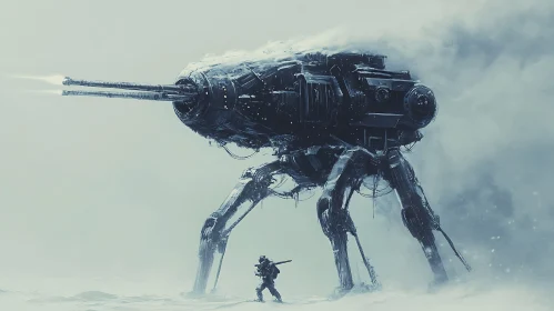 Lone Soldier and Robotic Machine in Snowy Warzone