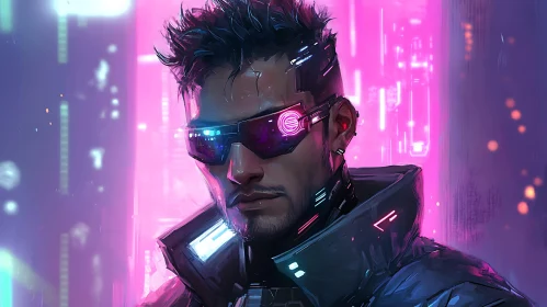 Cyberpunk Man with Glowing Neon Glasses