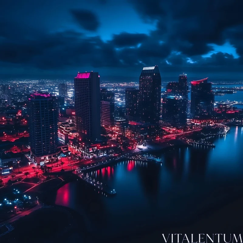 Illuminated Skyscrapers Overlook Calm Waters AI Image