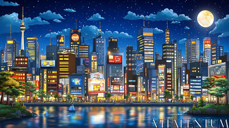 AI ART Night City Animation with Skyline and Moon