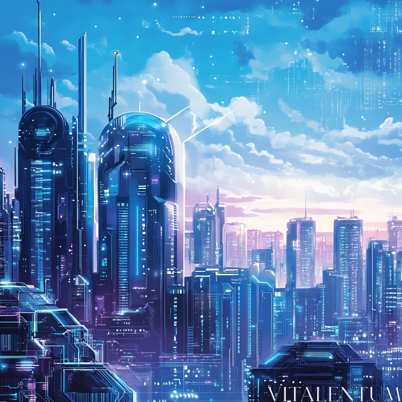 Neon-Illuminated Futuristic Skyline at Twilight AI Image