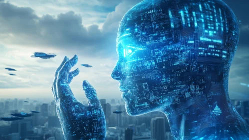 Cyborg with Blue Circuitry in a Futuristic Urban Setting