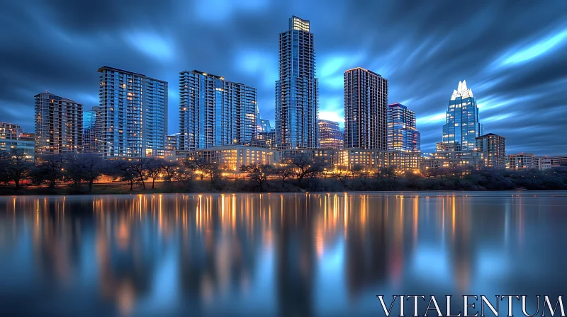 AI ART Night View of Urban Skyscrapers Reflecting on Water