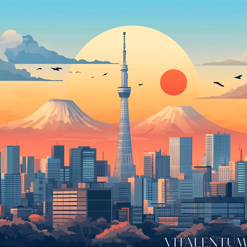 Serene Cityscape Featuring Modern Tower and Snow-Capped Peaks at Dusk AI Image