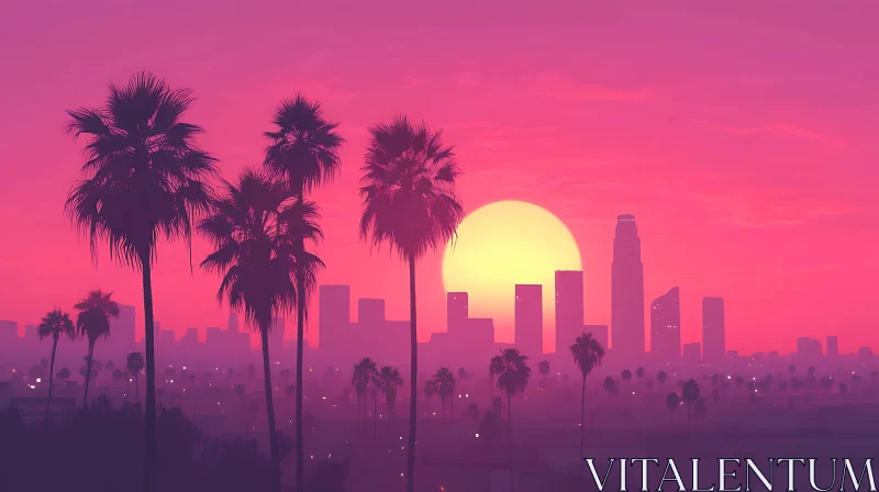 Sunset in the City with Palm Trees Silhouettes AI Image