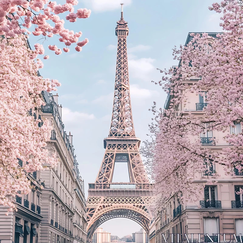 Springtime in Paris with Eiffel Tower and Blossoms AI Image