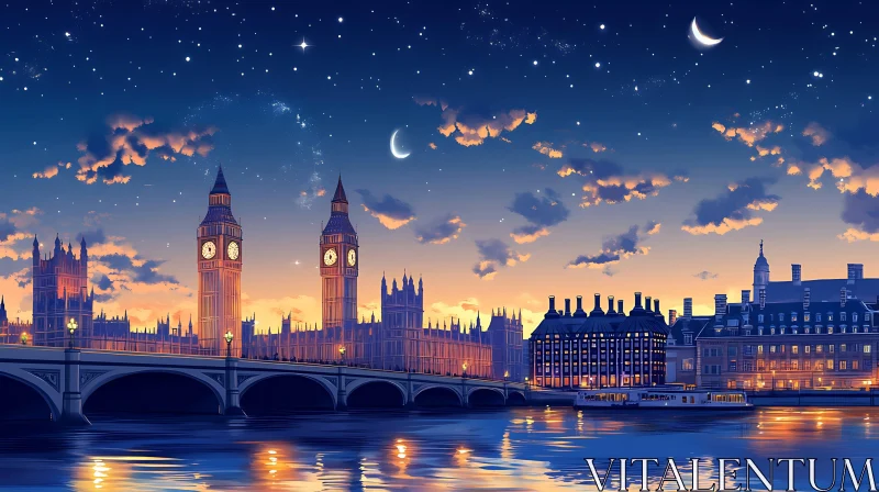 London Night Scene with Clock Towers and Reflective River AI Image