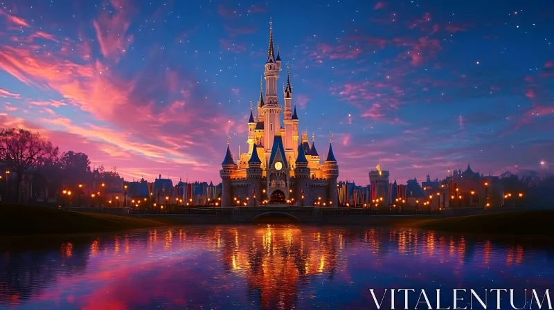 Enchanting Sunset Castle Reflection AI Image