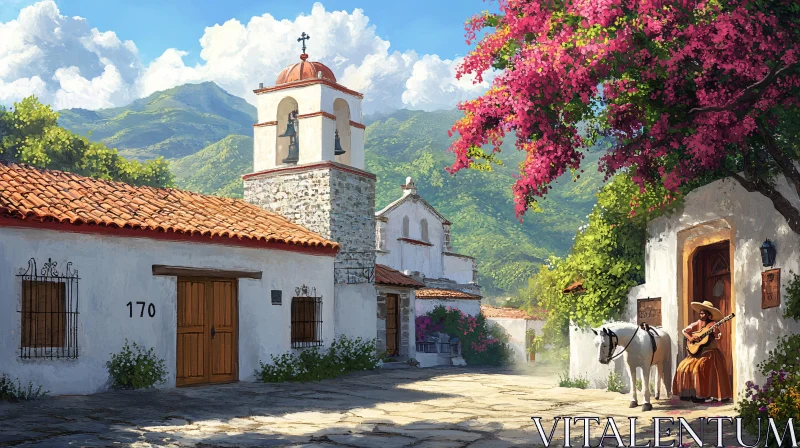 Serene Village Scene with Guitar and Horse AI Image