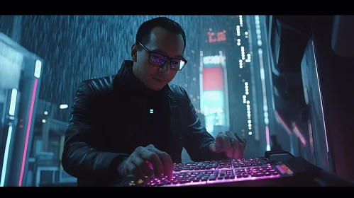 Cyberpunk Hacker in Rainy Neon City