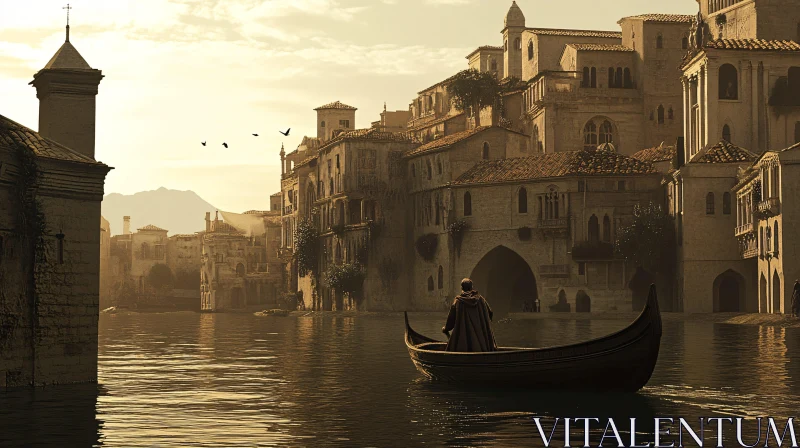 Peaceful Canal Scene with Gondola and Historic Architecture AI Image