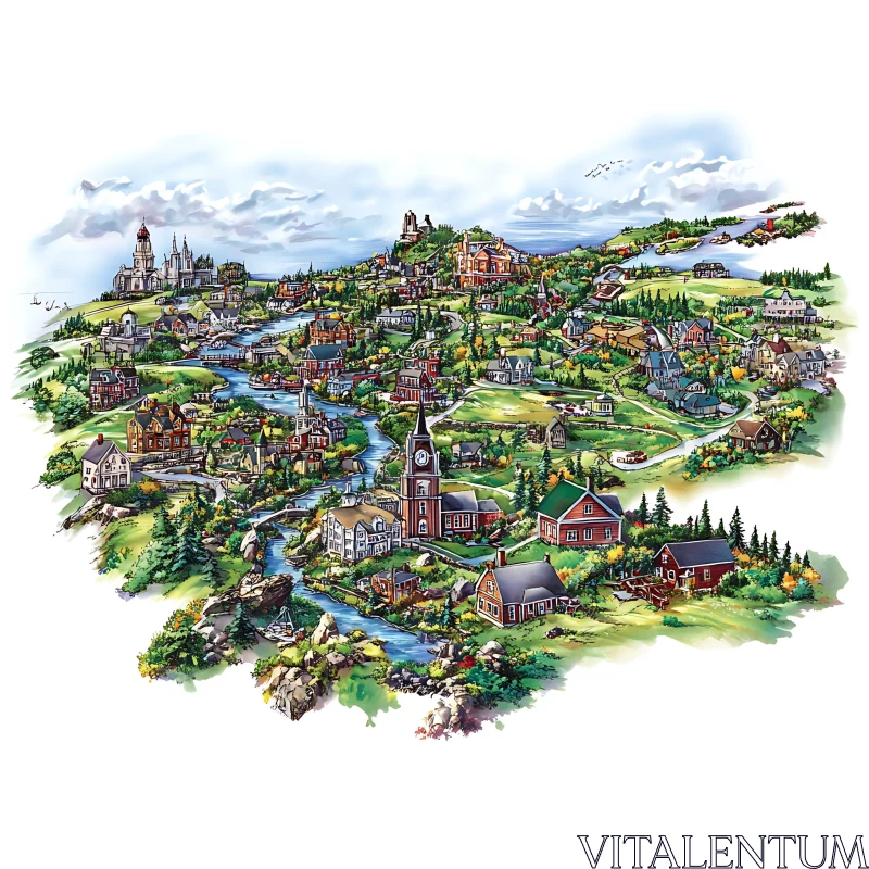 Picturesque Town Map with Detailed Buildings and Nature AI Image