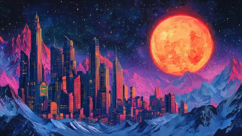 Futuristic City Beneath a Glowing Moon