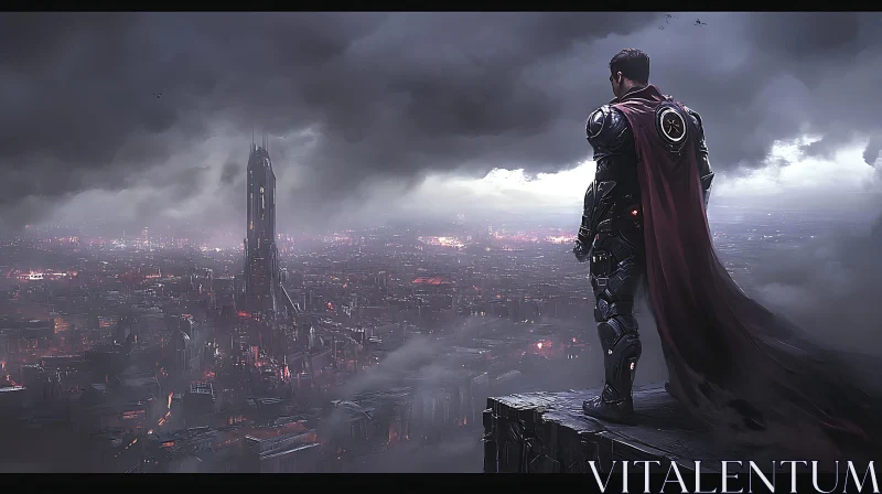 Hero in Armor Standing Over a Dystopian Cityscape AI Image