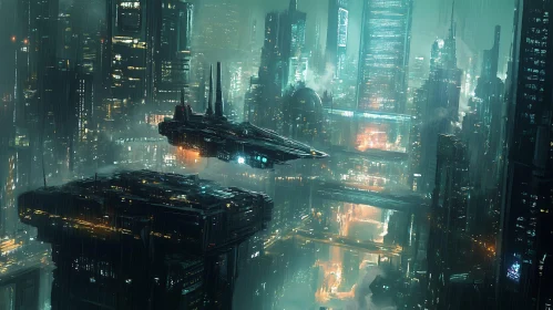 Neon City with Floating Spacecraft