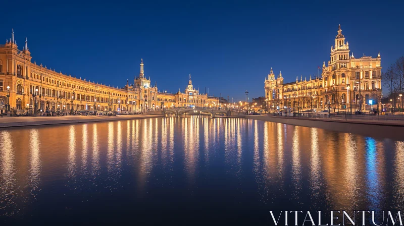 Illuminated Historical Buildings Reflecting on Waterfront at Night AI Image