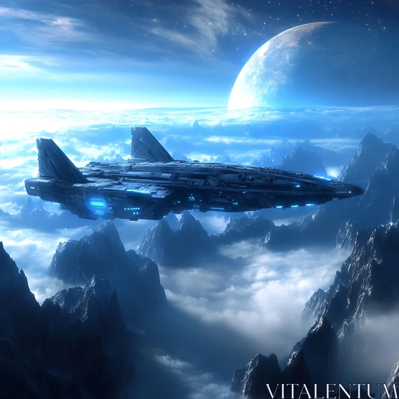 Sci-Fi Spaceship Above Mountains AI Image