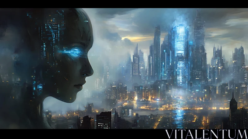 AI ART Cyborg Overlooking Futuristic Urban Landscape