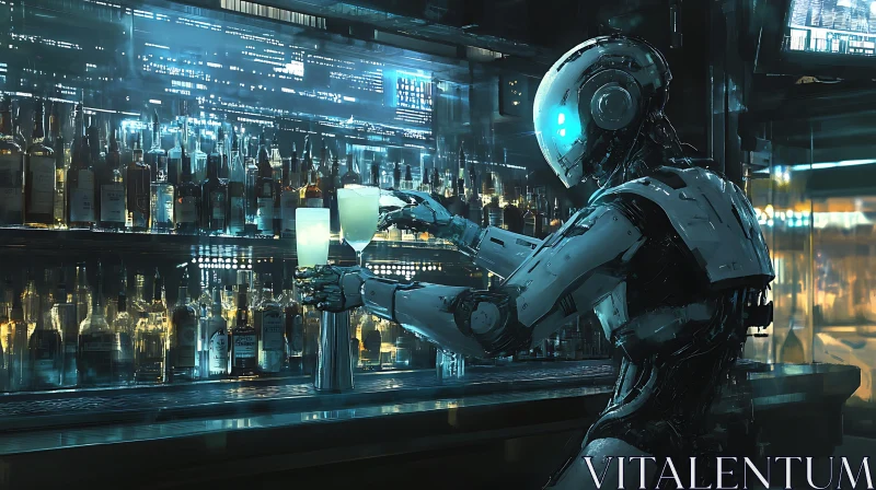 Cyberpunk Robot Preparing Drinks at a Bar AI Image