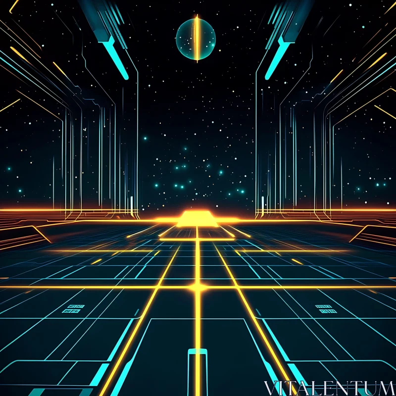 Neon Lit Pathway in a Futuristic Digital Grid AI Image