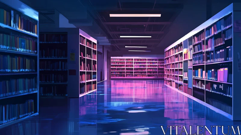 AI ART Modern Library with Neon Lighting and Reflective Floors