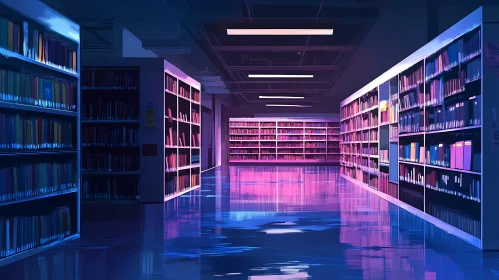 Modern Library with Neon Lighting and Reflective Floors