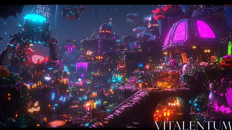 Fantasy Realm at Night with Vibrant Glowing Elements AI Image