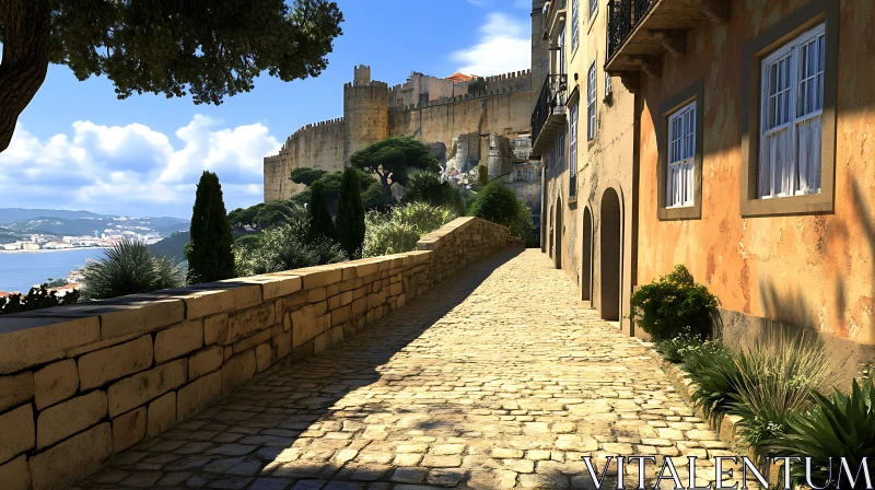 Charm of Ancient Castle Pathway with Historic Architecture AI Image