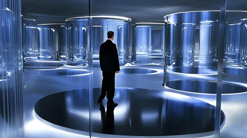 Man in a Reflective Futuristic Room