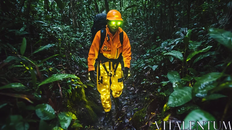 Explorer with Glowing Pants in Lush Forest AI Image