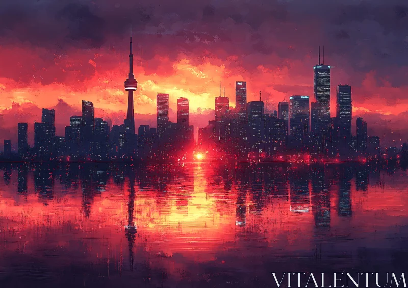 Majestic Urban Sunset with Skyline Reflection AI Image