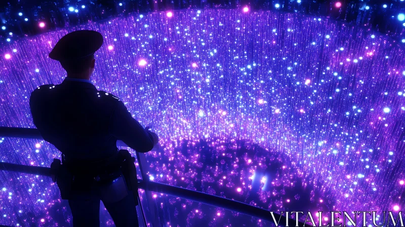 Officer Overlooking a Field of Glowing Purple and Blue Lights AI Image