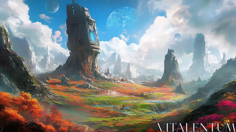 Futuristic Tower in a Colorful Fantasy Landscape AI Image