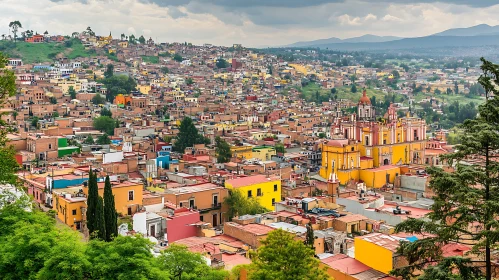 Vibrant Urban Landscape with Prominent Yellow Building