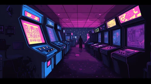 Vintage Arcade with Neon Lights and Gaming Machines