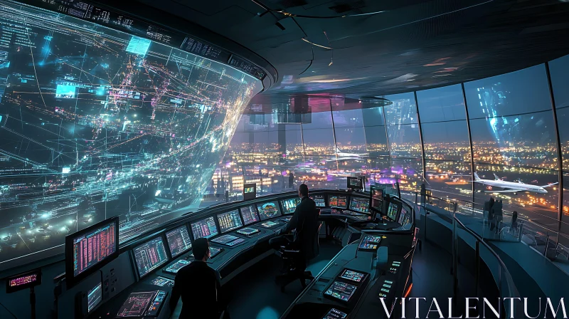 Advanced Technology Control Room Overlooking Airport AI Image