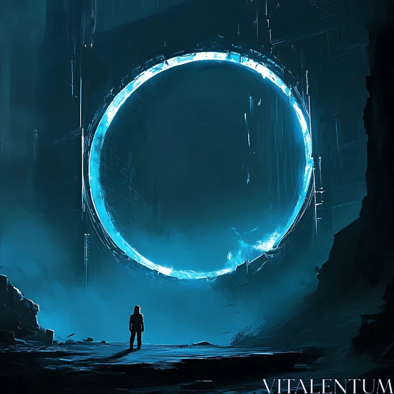 Glowing Blue Portal in Dark Futuristic Setting AI Image