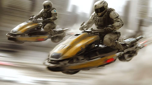 Armored Soldiers Riding Hoverbikes in Future City