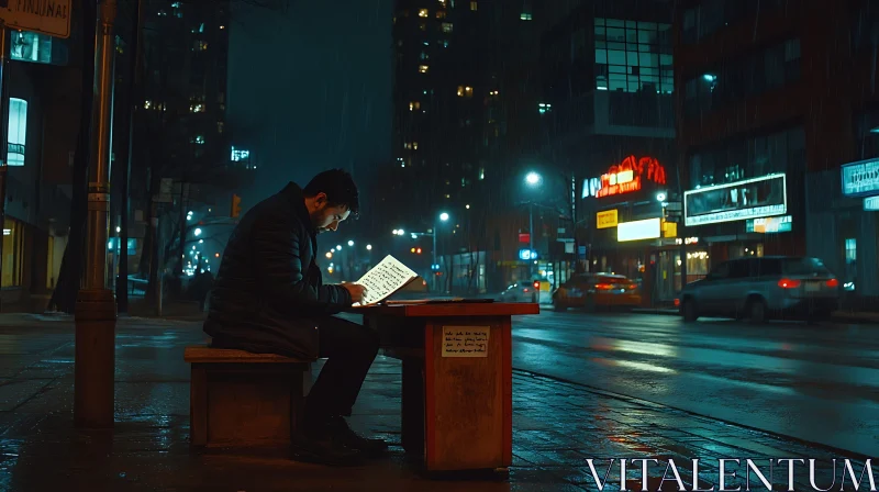 Urban Night Reading in the Rain AI Image