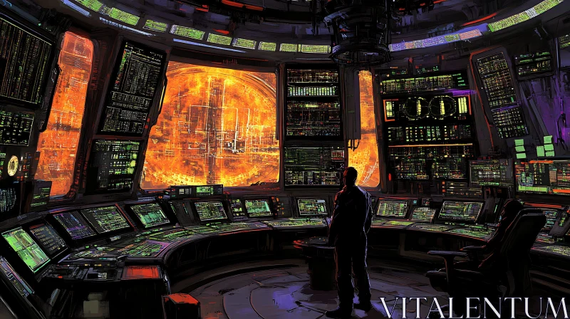 High-Tech Control Room Overlooking a Fiery Celestial Body AI Image