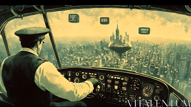 Pilot in Futuristic Cockpit Overlooking City AI Image