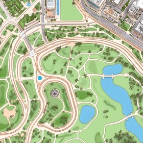 Urban Park Aerial Map with Detailed Pathways and Buildings