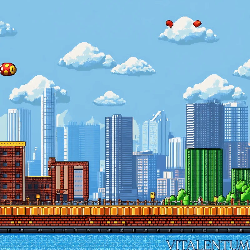 Retro Pixel Art Skyline with High-Rises and Balloons AI Image