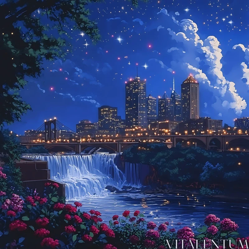 Night Cityscape with Illuminated Skyline and Waterfall AI Image