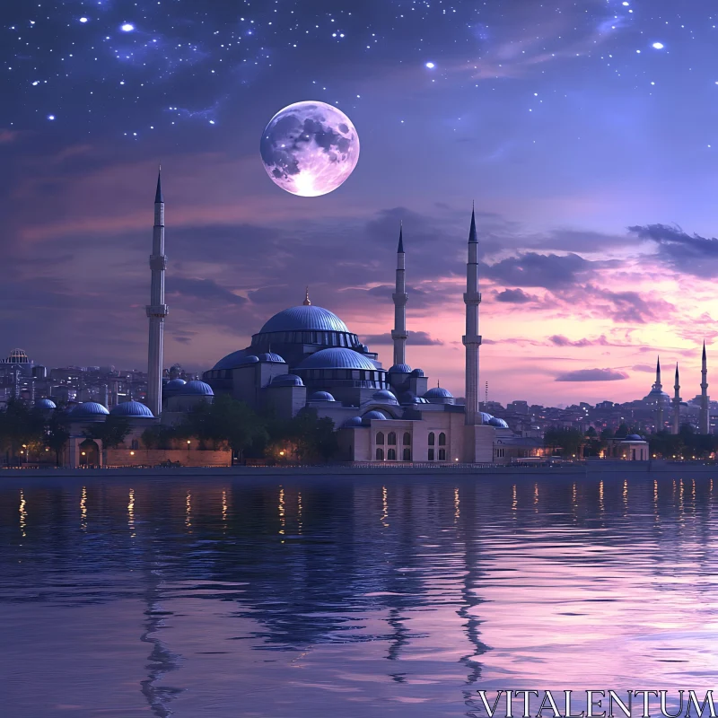 Stunning Mosque at Twilight with Moon and Reflections AI Image