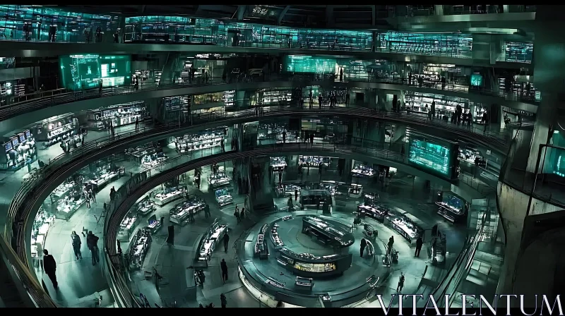 High-Tech Multi-Level Command Center Aglow in Teal AI Image