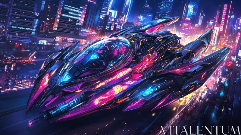 AI ART Spaceship Flying Over Cyberpunk City